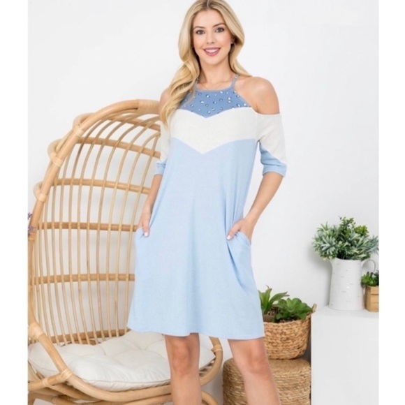 Leopard Detail Blue & White Cold Shoulder Dress Pockets S - Picture 4 of 14